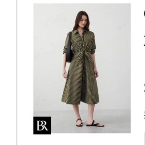Banana Republic Factory Olive Striped Cuffed Tie Front Midi Shirtdress, XXS, NWT